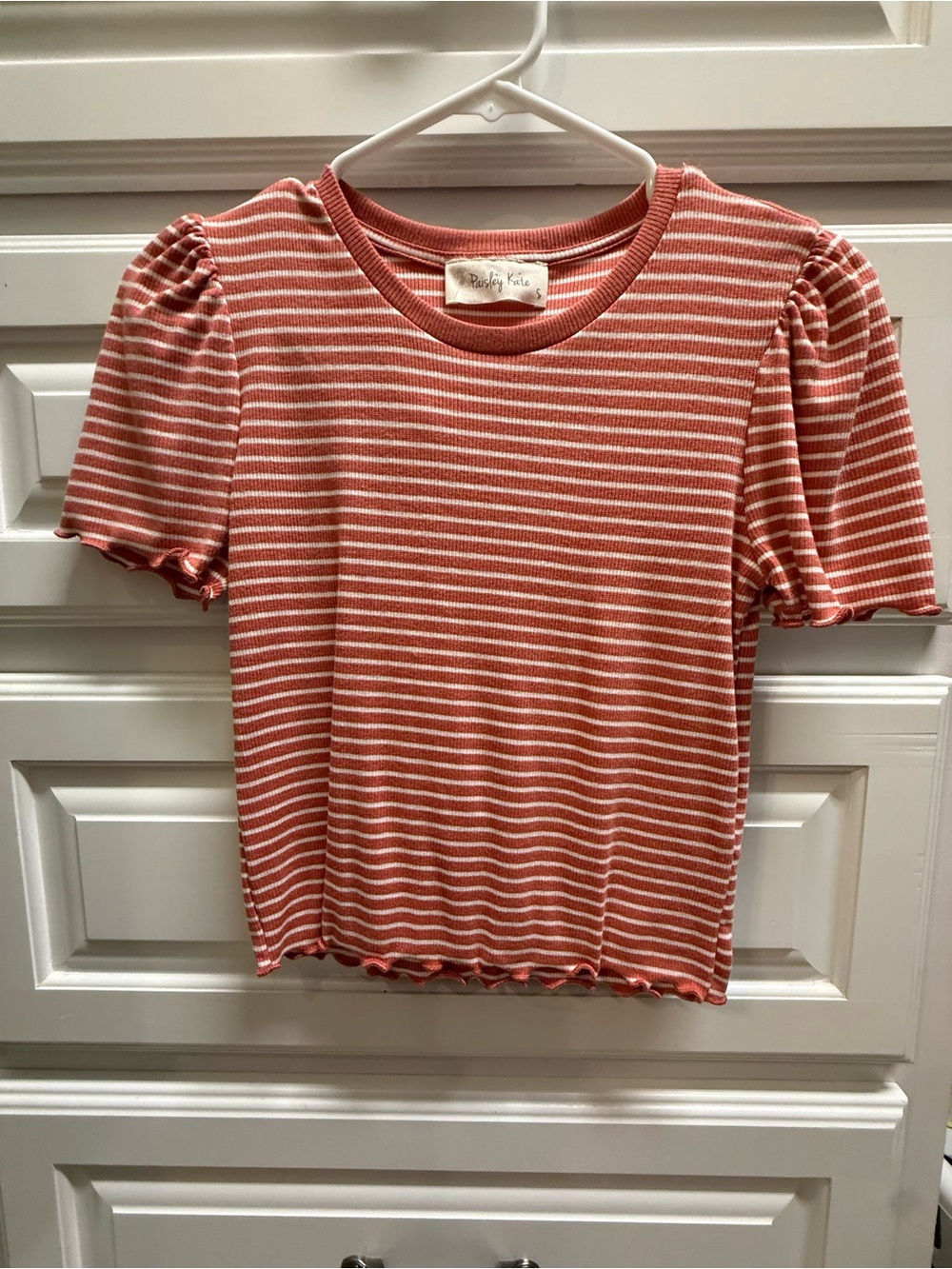 Striped Puff Sleeve Tee in Rust and White